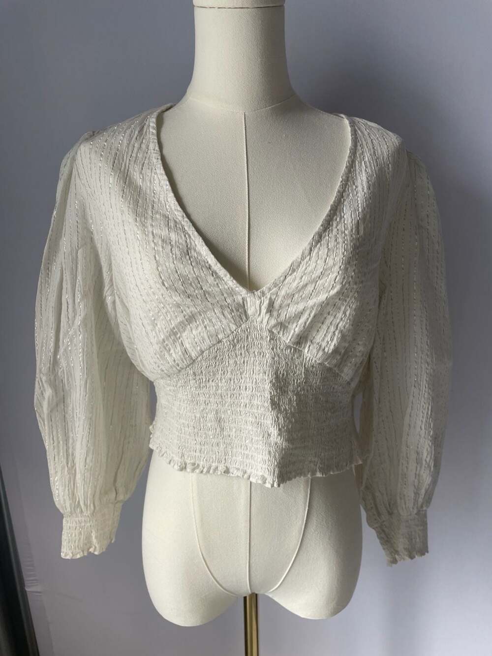 Boden White and Metallic Thread Smocked Crop Top